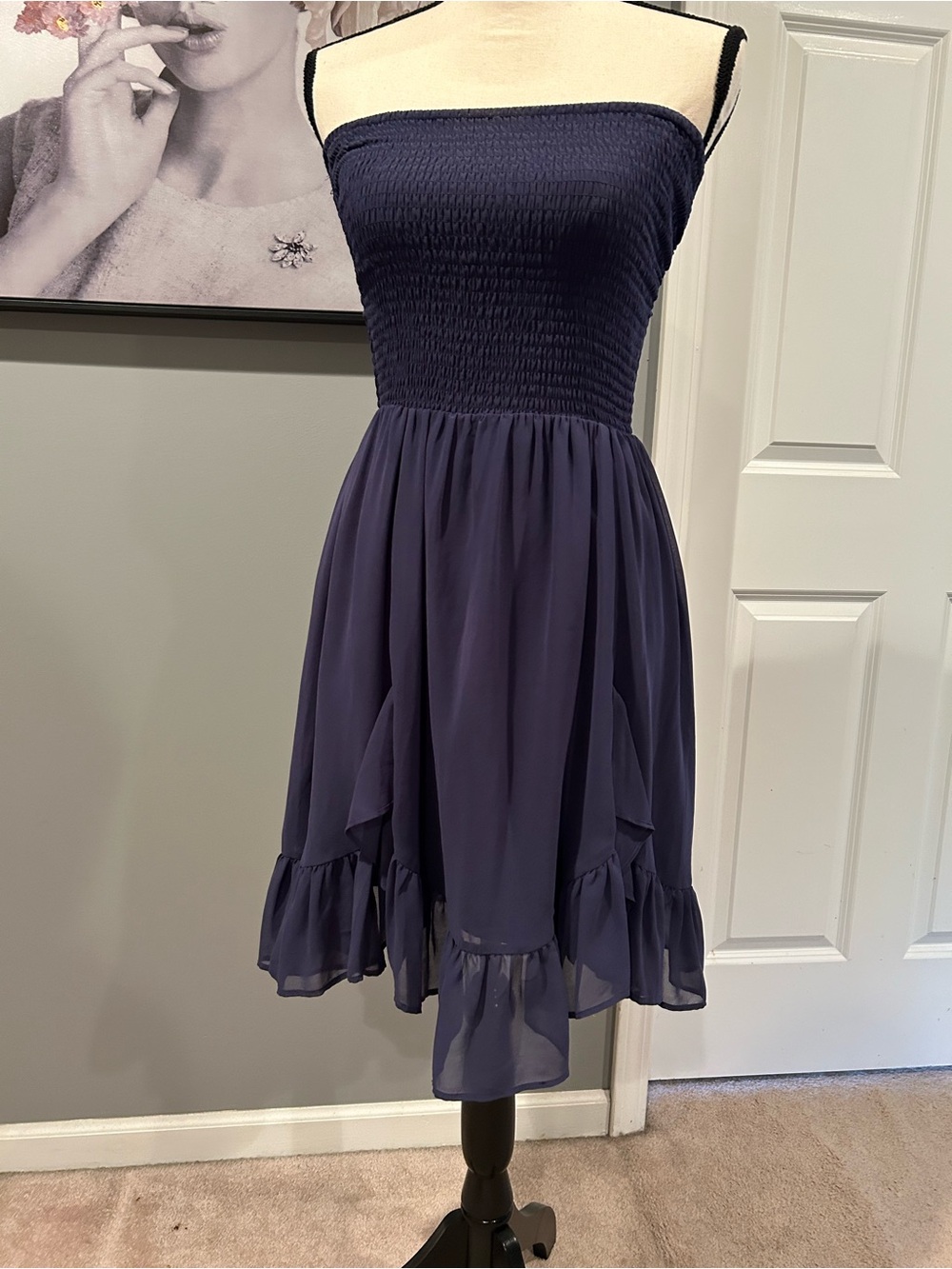 Bebe Smocked Strapless Navy Blue Ruffled Midi Dress